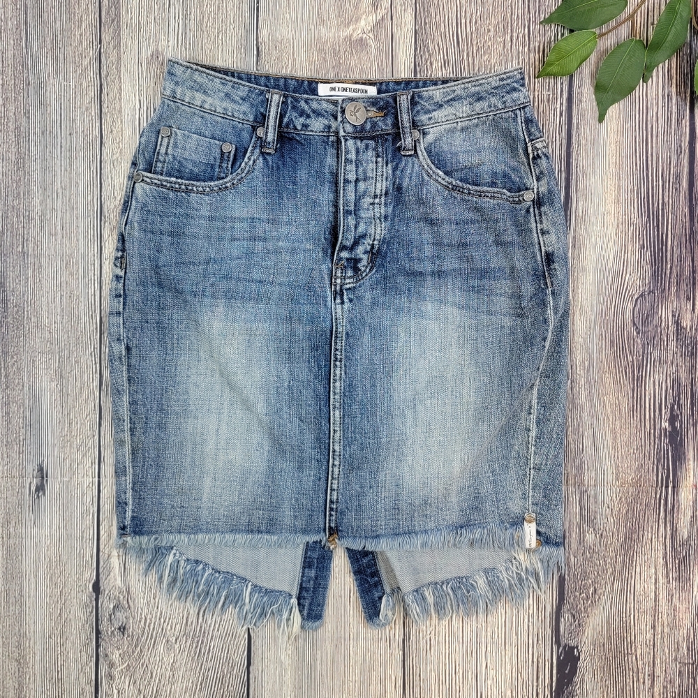 One x One Teaspoon High Waist Long Rise Super Fitted Mid Length Denim Skirt